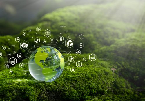 Net Zero Concept and Carbon Neutral Natural Environment Climate-neutral long-term emissions strategy, goals, sustainability, globe icon. green background